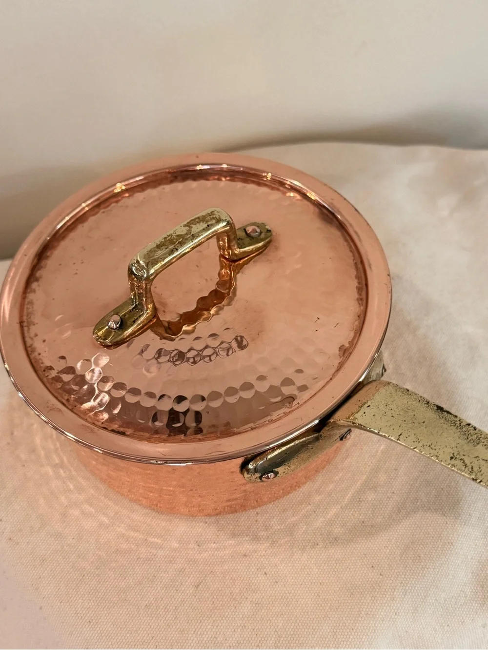 Vintage Copper Hammered Saucepan with lid and Brass Handle stainless steel lined